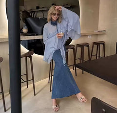Elegant Ruffled Turtleneck Flare Long Sleeve Pullover Loose Shirt Mssza