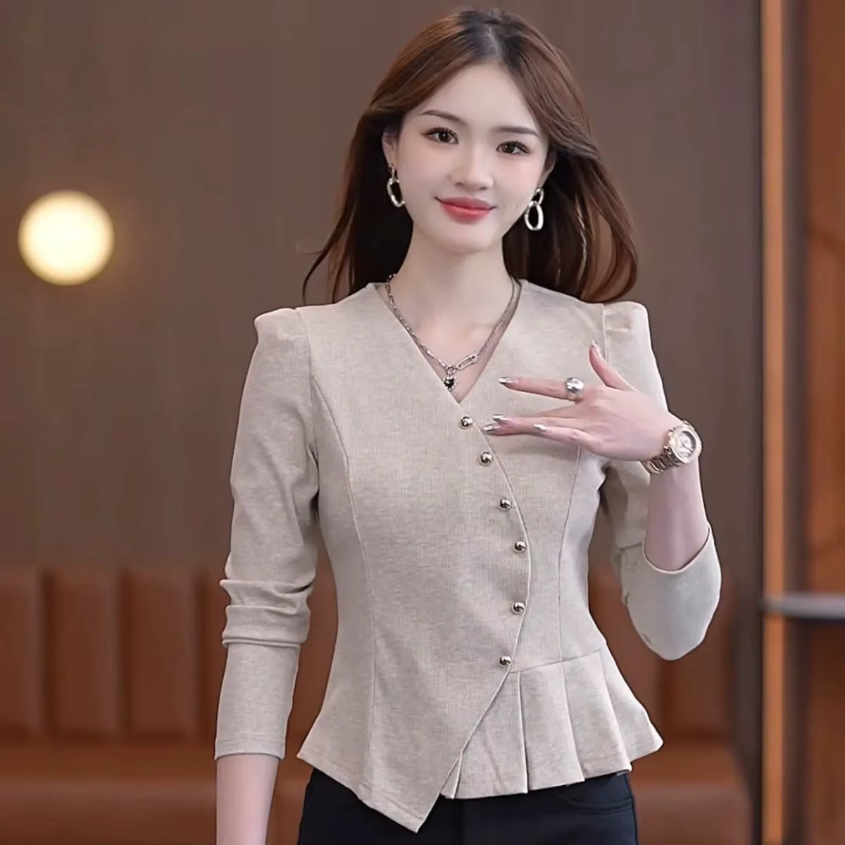 Elegant Ruffled V Neck Asymmetrical Office Lady Chic Solid Tops Mssza