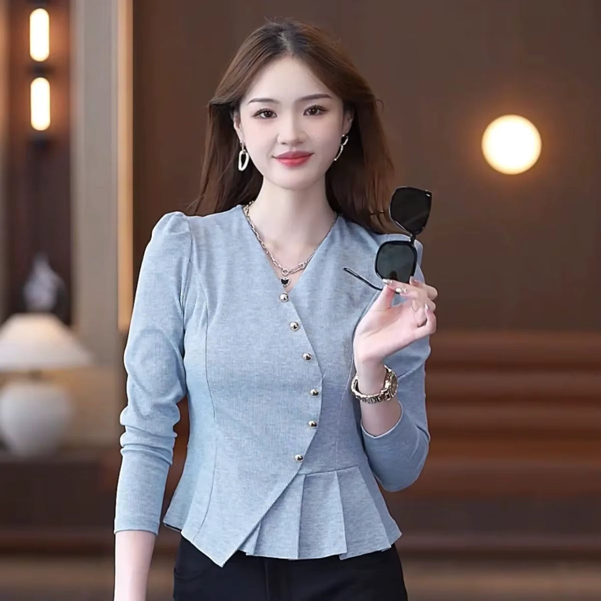 Elegant Ruffled V Neck Asymmetrical Office Lady Chic Solid Tops Mssza