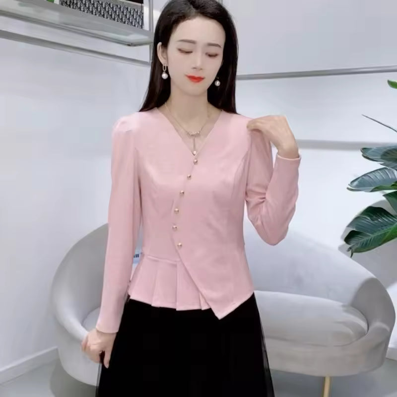 Elegant Ruffled V Neck Asymmetrical Office Lady Chic Solid Tops Mssza