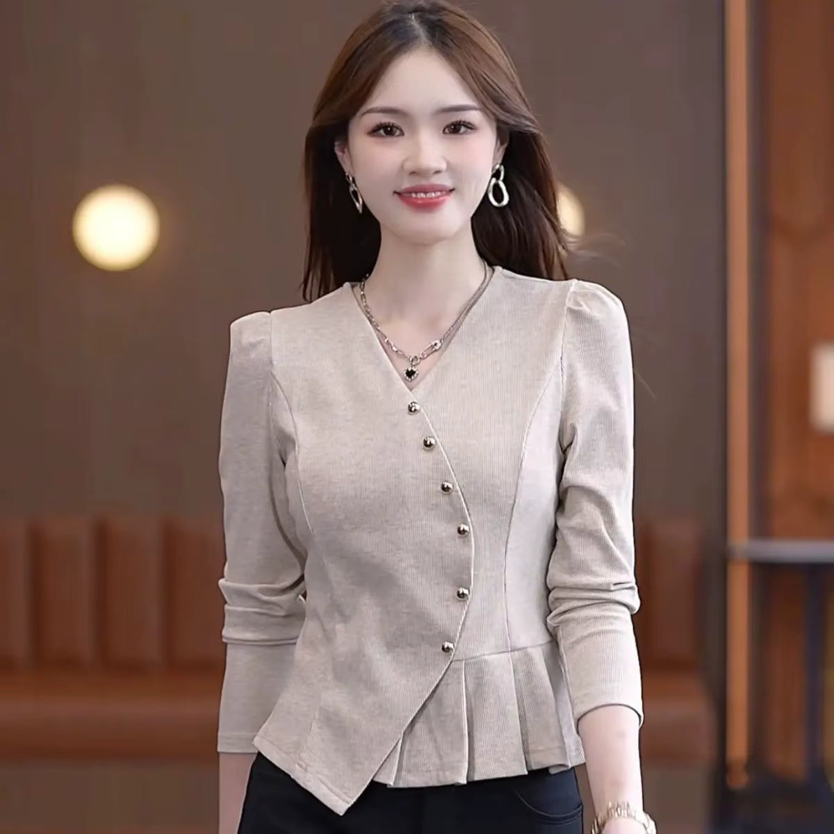 Elegant Ruffled V Neck Asymmetrical Office Lady Chic Solid Tops Mssza