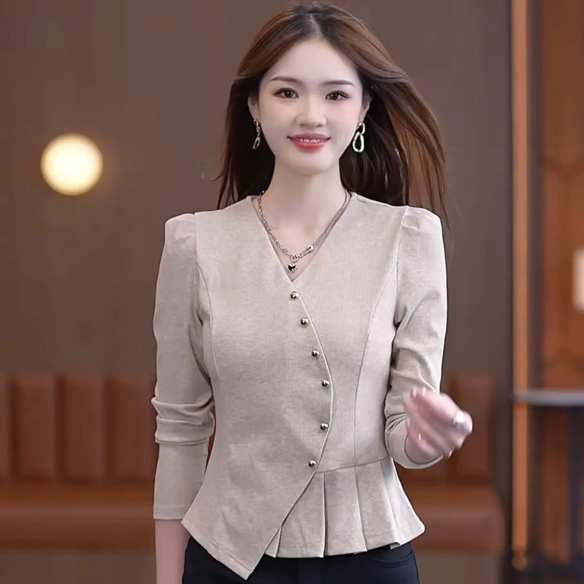 Elegant Ruffled V Neck Asymmetrical Office Lady Chic Solid Tops Mssza