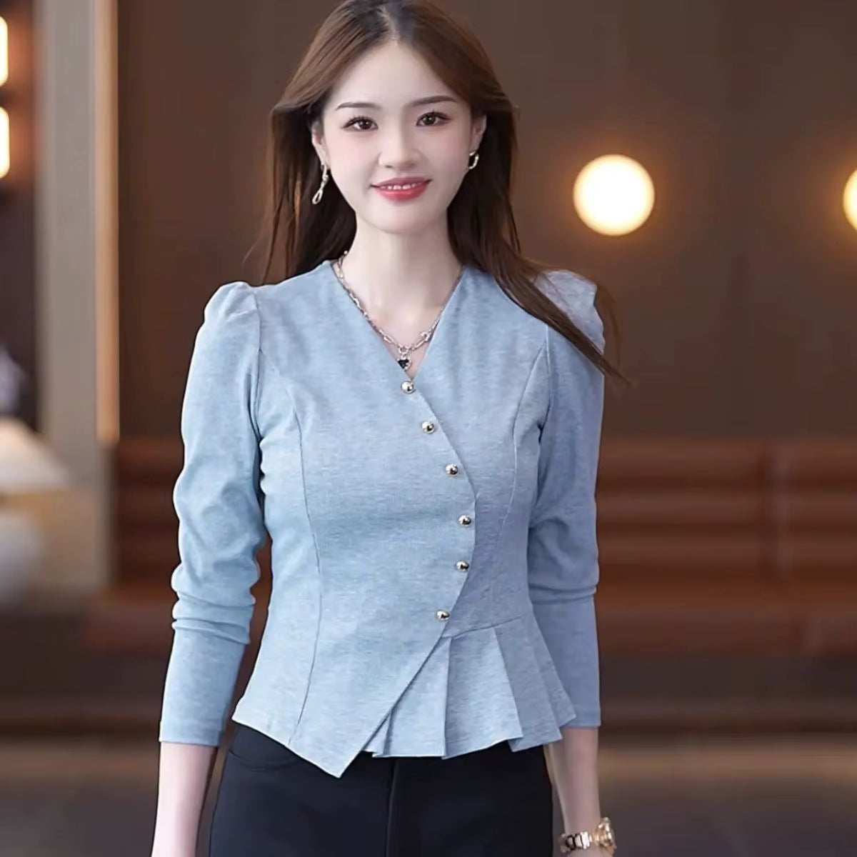 Elegant Ruffled V Neck Asymmetrical Office Lady Chic Solid Tops Mssza