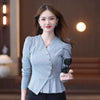 Elegant Ruffled V Neck Asymmetrical Office Lady Chic Solid Tops Mssza