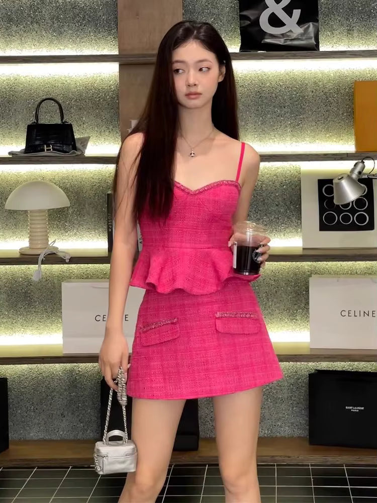 Elegant Ruffles Slim Top And High Waist Mini Skirt High Quality Tweed 2 Piece Set Mssza
