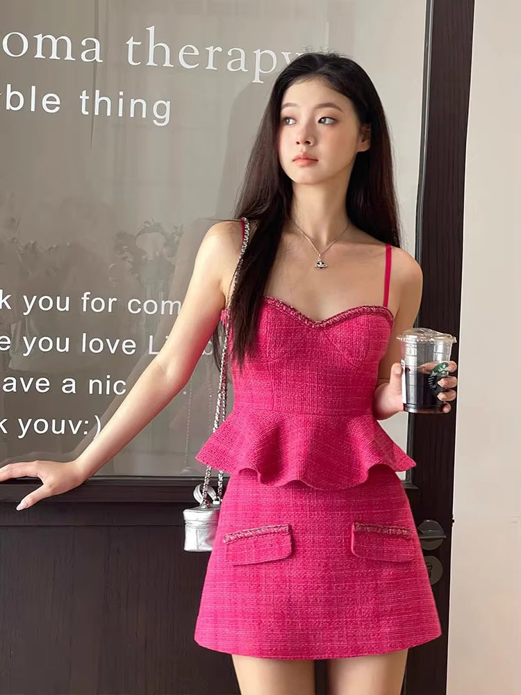 Elegant Ruffles Slim Top And High Waist Mini Skirt High Quality Tweed 2 Piece Set Mssza