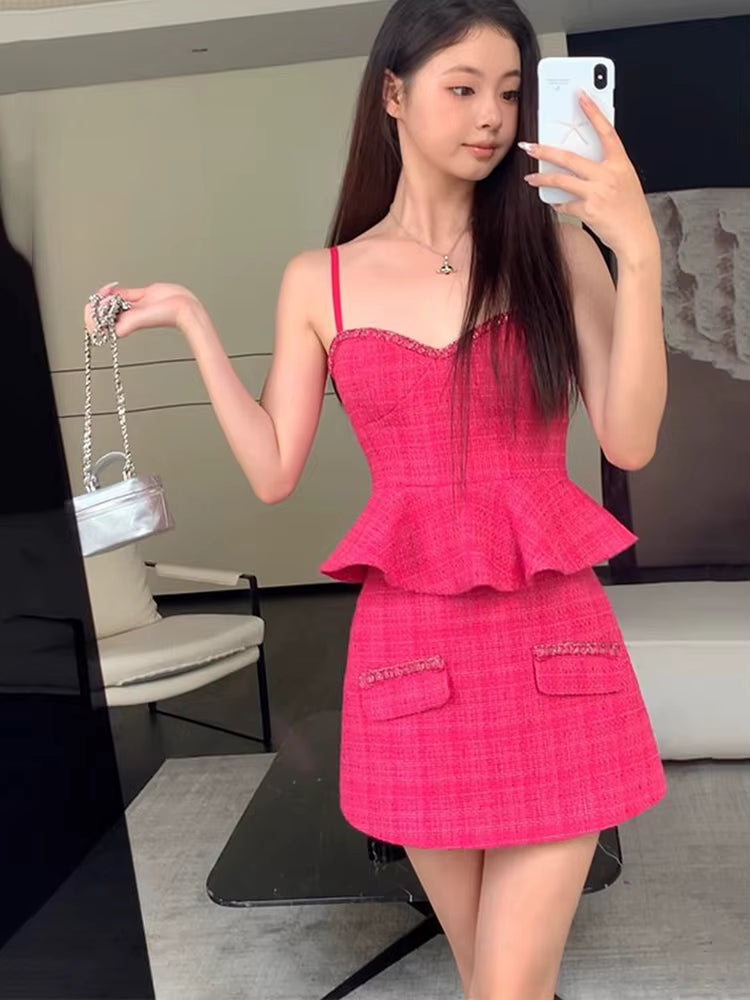 Elegant Ruffles Slim Top And High Waist Mini Skirt High Quality Tweed 2 Piece Set Mssza
