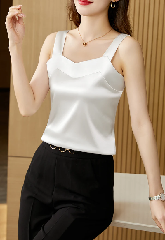 Elegant SILK Satin Sleeveless Casual Loose Tanks and Camis Solid Tops Mssza