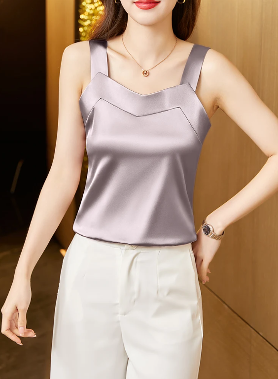Elegant SILK Satin Sleeveless Casual Loose Tanks and Camis Solid Tops Mssza