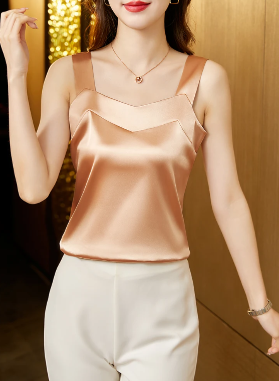 Elegant SILK Satin Sleeveless Casual Loose Tanks and Camis Solid Tops Mssza