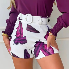 Elegant Sashes Turtleneck Long Sleeves Solid Tops Print with Leaf Pattern Bottom Short Sets Mssza