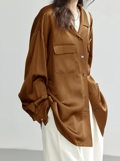 Elegant Satin Butterfly Button Office Loose Shirt Mssza