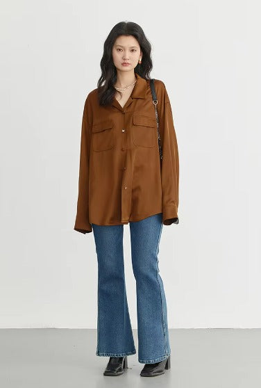 Elegant Satin Butterfly Button Office Loose Shirt Mssza