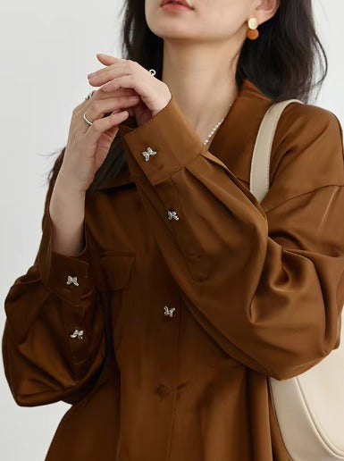 Elegant Satin Butterfly Button Office Loose Shirt Mssza