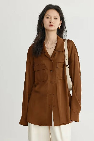 Elegant Satin Butterfly Button Office Loose Shirt Mssza