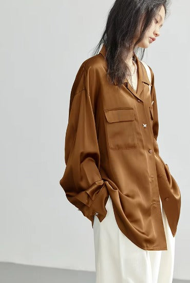 Elegant Satin Butterfly Button Office Loose Shirt Mssza