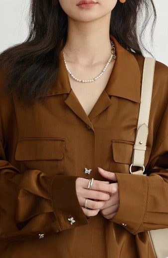 Elegant Satin Butterfly Button Office Loose Shirt Mssza