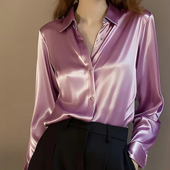Elegant Satin Long Sleeved Slim Single Breasted Blouses Shirt Mssza