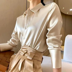 Elegant Satin Long Sleeved Slim Single Breasted Blouses Shirt Mssza