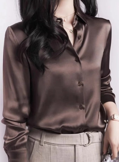 Elegant Satin Long Sleeved Slim Single Breasted Blouses Shirt Mssza