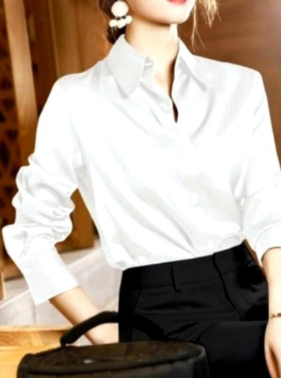 Elegant Satin Long Sleeved Slim Single Breasted Blouses Shirt Mssza