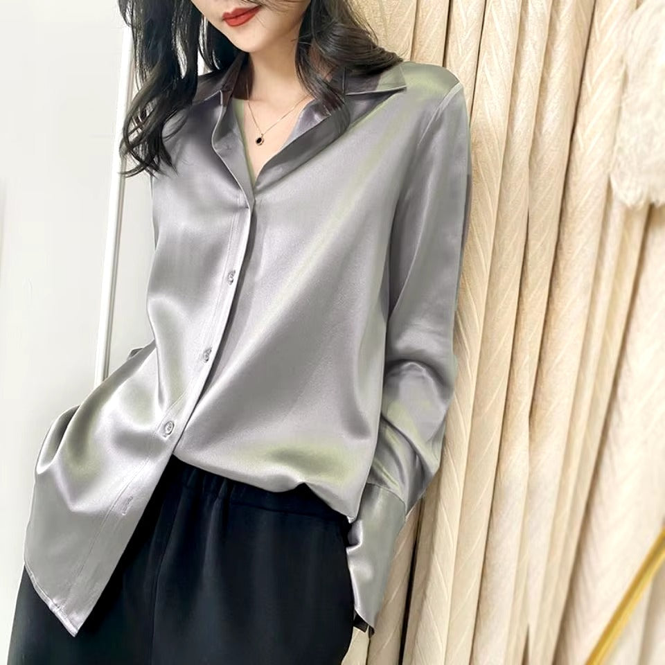 Elegant Satin Long Sleeved Slim Single Breasted Blouses Shirt Mssza