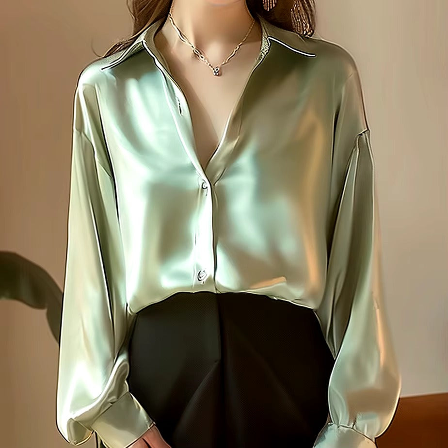 Elegant Satin Long Sleeved Slim Single Breasted Blouses Shirt Mssza
