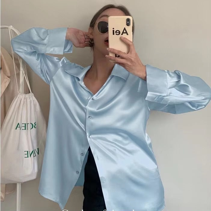 Elegant Satin Long Sleeved Slim Single Breasted Blouses Shirt Mssza