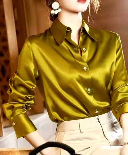 Elegant Satin Long Sleeved Slim Single Breasted Blouses Shirt Mssza