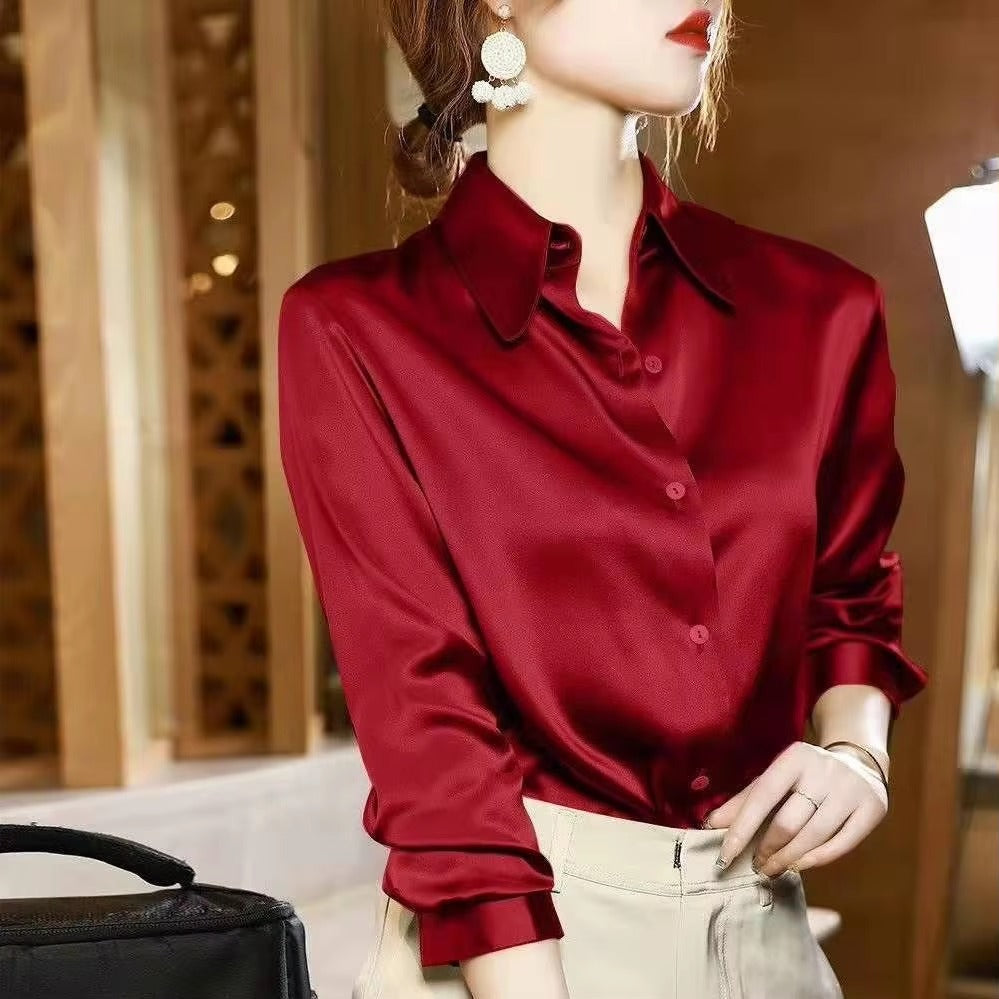 Elegant Satin Long Sleeved Slim Single Breasted Blouses Shirt Mssza