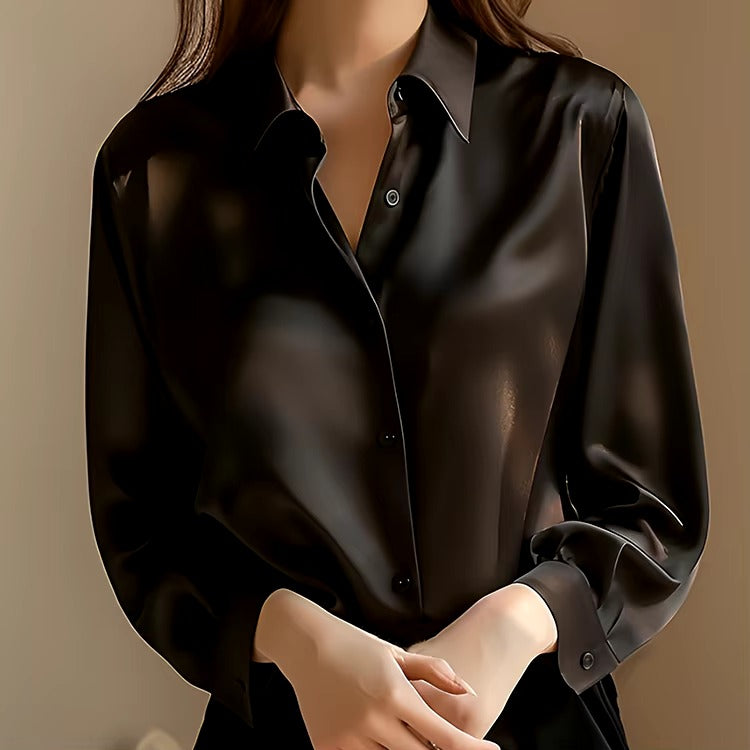 Elegant Satin Long Sleeved Slim Single Breasted Blouses Shirt Mssza