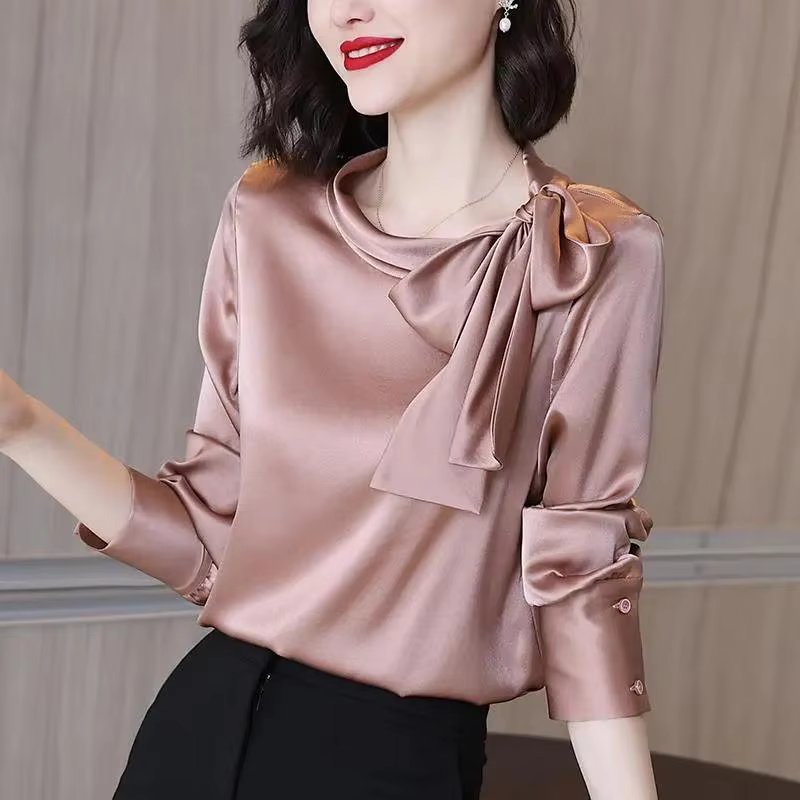 Elegant Satin Solid Bow Long Sleeve Temperament Bottoming Blusa Shirt Mssza