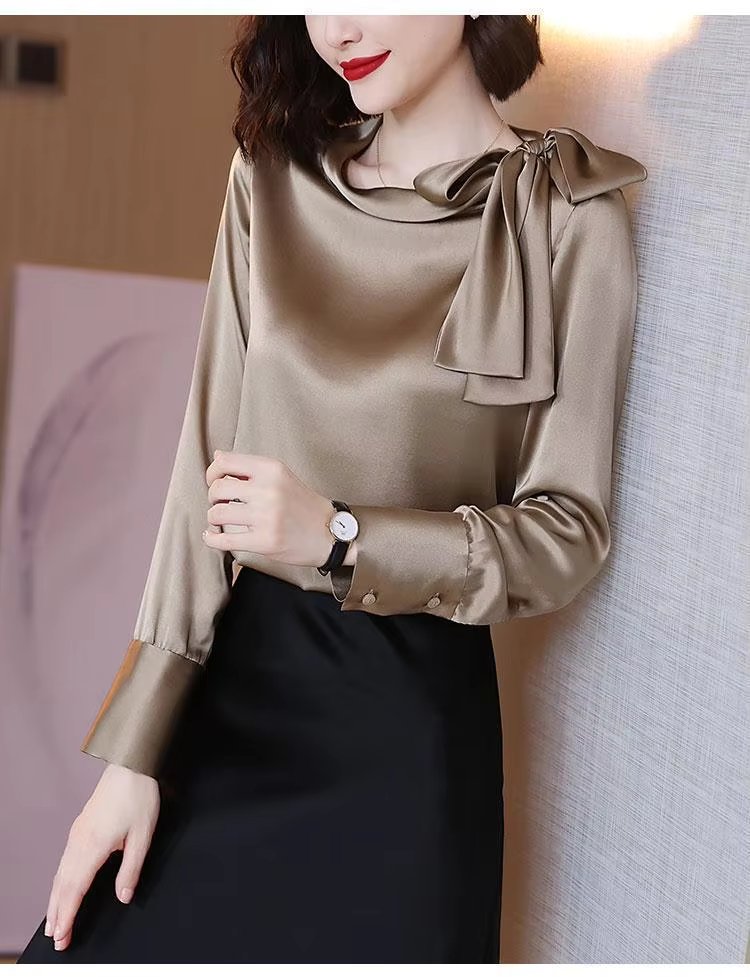 Elegant Satin Solid Bow Long Sleeve Temperament Bottoming Blusa Shirt Mssza