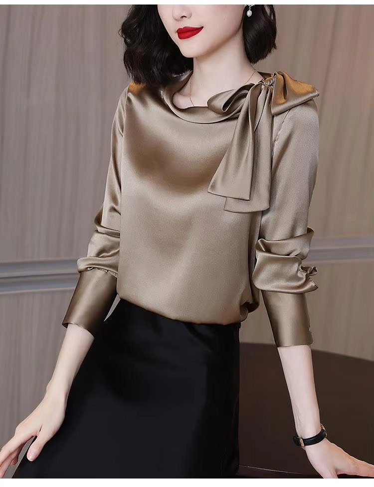 Elegant Satin Solid Bow Long Sleeve Temperament Bottoming Blusa Shirt Mssza