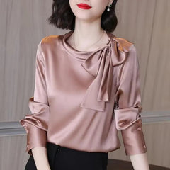 Elegant Satin Solid Bow Long Sleeve Temperament Bottoming Blusa Shirt Mssza