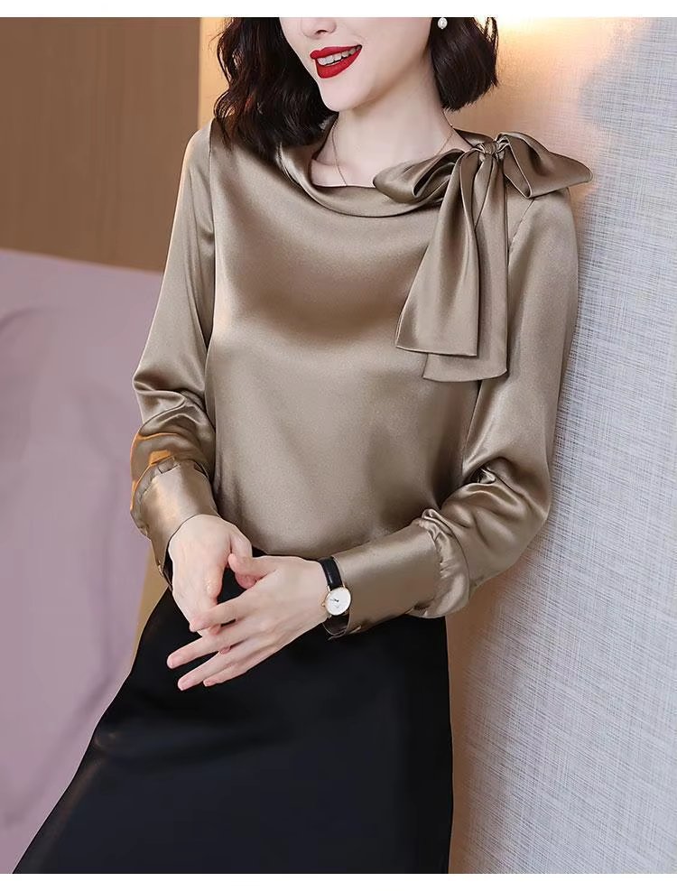 Elegant Satin Solid Bow Long Sleeve Temperament Bottoming Blusa Shirt Mssza