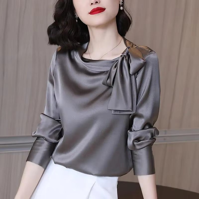 Elegant Satin Solid Bow Long Sleeve Temperament Bottoming Blusa Shirt Mssza