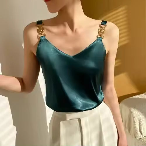 Elegant Satin V-neck Solid Sleeveless Silk Spaghetti Tank Tops Mssza