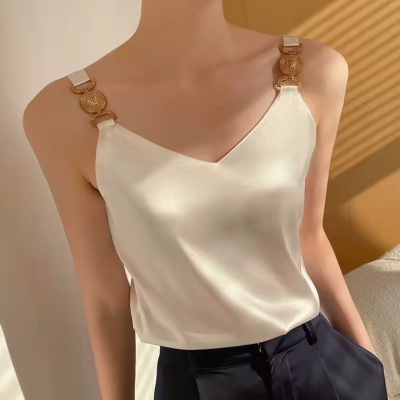 Elegant Satin V-neck Solid Sleeveless Silk Spaghetti Tank Tops Mssza