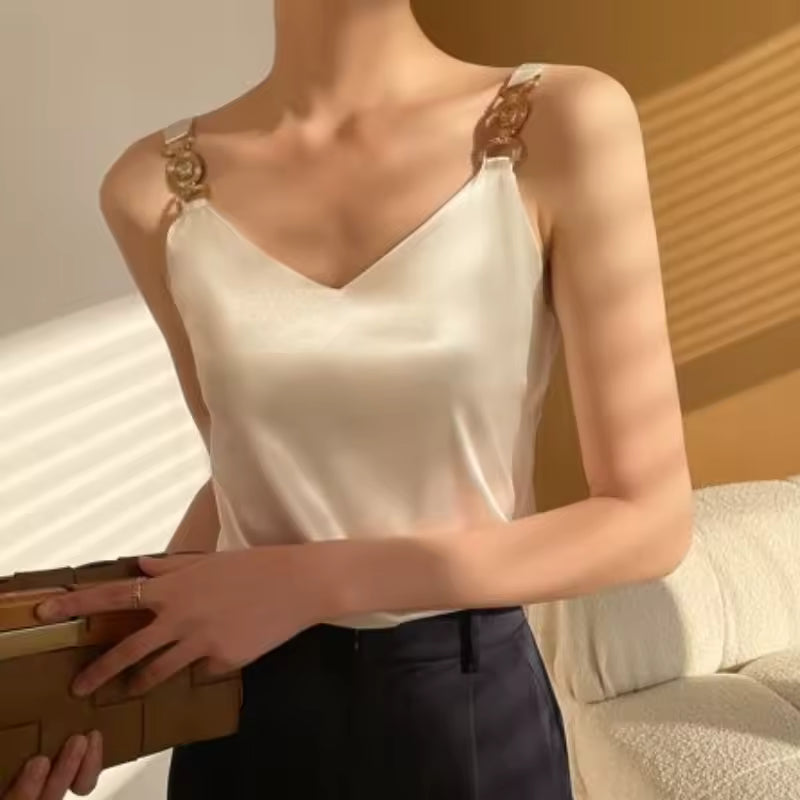 Elegant Satin V-neck Solid Sleeveless Silk Spaghetti Tank Tops Mssza