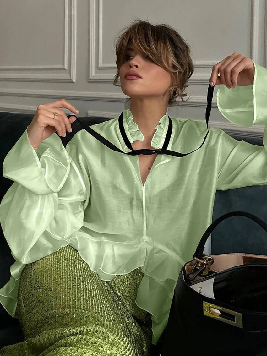 Elegant See Through Ruffle Collar Long Sleeve Non Stretch Loose Shirt Mssza