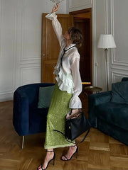 Elegant See Through Ruffle Collar Long Sleeve Non Stretch Loose Shirt Mssza