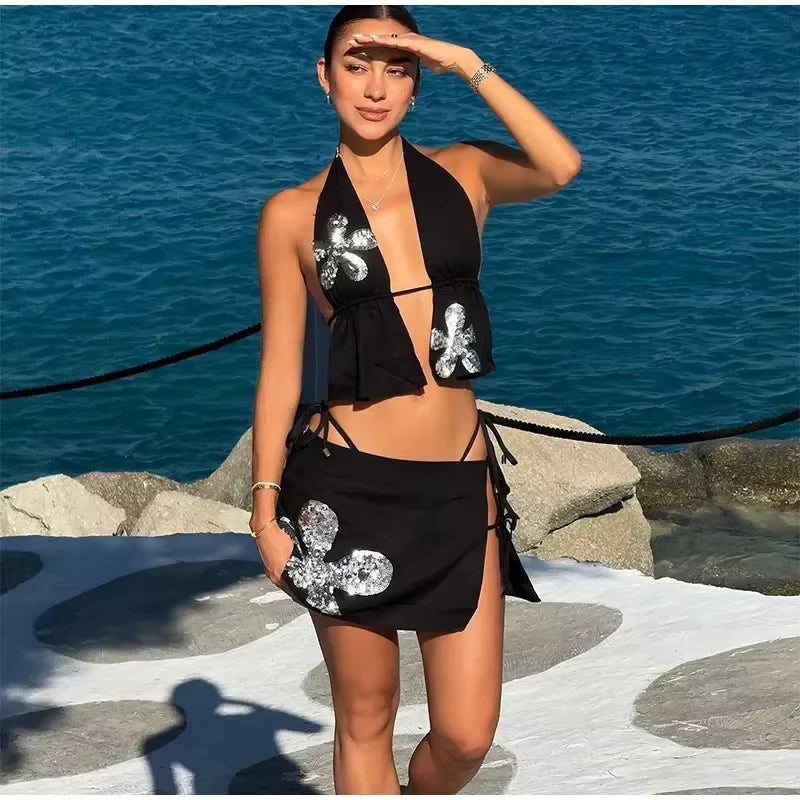 Elegant Sequin Flower Vest Lace Up Halter Hollow Out Backless Tops A-line Mini Skirts Mssza