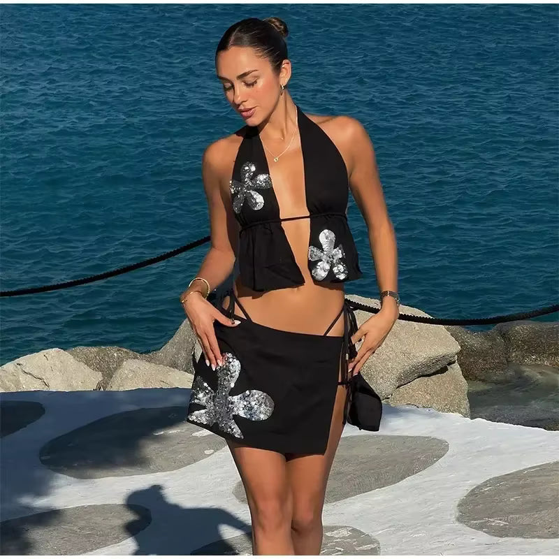 Elegant Sequin Flower Vest Lace Up Halter Hollow Out Backless Tops A-line Mini Skirts Mssza