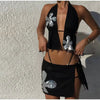 Elegant Sequin Flower Vest Lace Up Halter Hollow Out Backless Tops A-line Mini Skirts Mssza