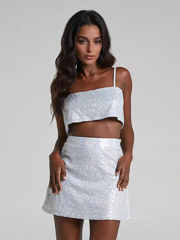 Elegant Sequin Set Crop Top And Mini Skirt Sleeveless Two-Piece Mssza