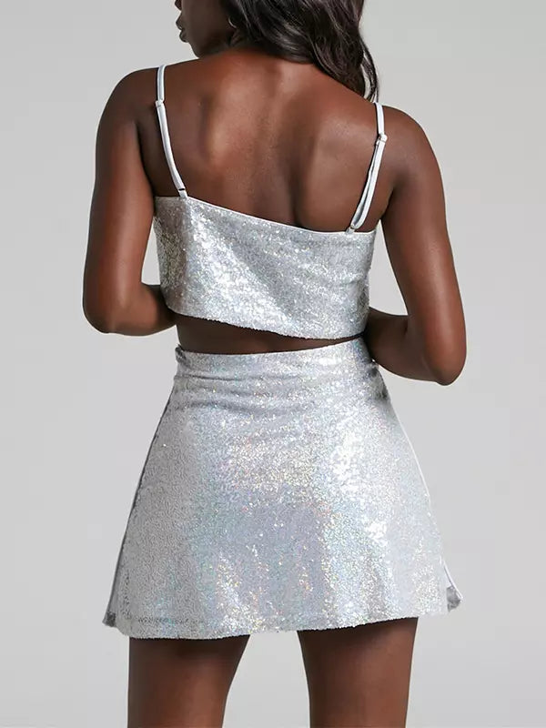 Elegant Sequin Set Crop Top And Mini Skirt Sleeveless Two-Piece Mssza