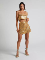 Elegant Sequin Set Crop Top And Mini Skirt Sleeveless Two-Piece Mssza