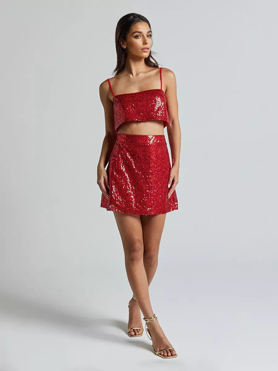 Elegant Sequin Set Crop Top And Mini Skirt Sleeveless Two-Piece Mssza