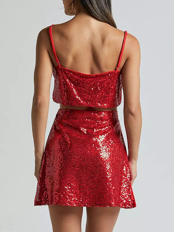 Elegant Sequin Set Crop Top And Mini Skirt Sleeveless Two-Piece Mssza